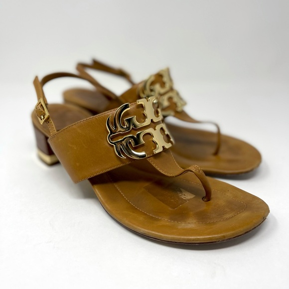 Tory Burch Shoes - Tory Burch heeled sandals Brown leather with Gold large metal Logo 8M BoxÑ